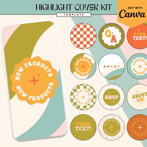 Puede incluir: Una plantilla digital de Highlight Cover Kit con un dise&ntilde;o retro. El kit incluye varios iconos circulares con texto como "Nuevos productos", "Tienda" y "&iexcl;Sobre nosotros!". La plantilla est&aacute; dise&ntilde;ada para ser editada con Canva.
