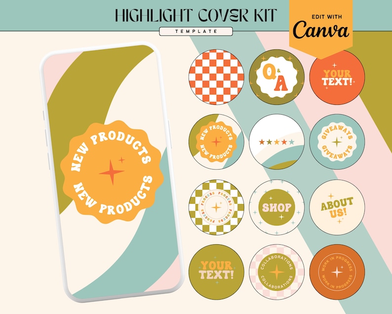 Puede incluir: Una plantilla digital de Highlight Cover Kit con un dise&ntilde;o retro. El kit incluye varios iconos circulares con texto como "Nuevos productos", "Tienda" y "&iexcl;Sobre nosotros!". La plantilla est&aacute; dise&ntilde;ada para ser editada con Canva.