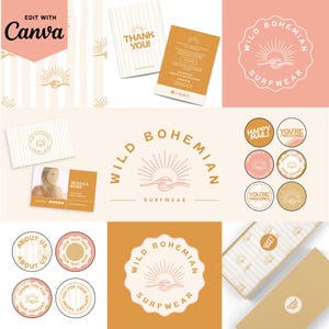 Kit de logotipo retrô praiano da Canva - Logotipo de sol e ondas - Destaques do Instagram - Adesivo de agradecimento - Cartão de visita - Editável faça você mesmo - Cartão de agradecimento