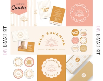 Retro Beachy Canva Logo Kit - Sun and Waves Logo - Instagram Highlights - Thank You Sticker - Business Card - DIY Editable - Thank You Card