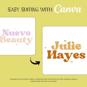 May include: Two white squares with text in a retro style font. The first square says "Nuevo Beauty" in pink and orange. The second square says "Julie Hayes" in orange and brown. The text is surrounded by small stars.