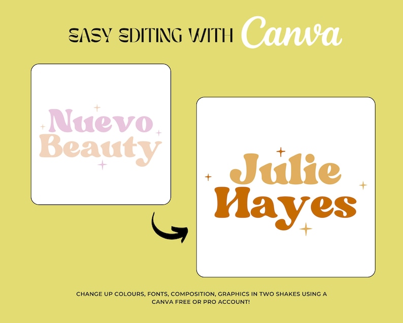 May include: Two white squares with text in a retro style font. The first square says "Nuevo Beauty" in pink and orange. The second square says "Julie Hayes" in orange and brown. The text is surrounded by small stars.