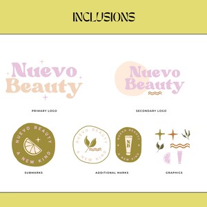 May include: A graphic design branding guide for a beauty company called "Nuevo Beauty". The guide includes a primary logo, secondary logo, submarks, additional marks, and graphics. The primary logo is a pink and peach stylized text logo with the words "Nuevo Beauty". The secondary logo is a pink and peach stylized text logo with the words "Nuevo Beauty" inside a circle. The submarks are circular logos with the words "Nuevo Beauty" and the text "A New Kind". The additional marks are circular logos with the words "Nuevo Beauty" and the text "A New Kind". The graphics include a lemon, a leaf, a wave, a star, a tube of cream, and a tube of lipstick.