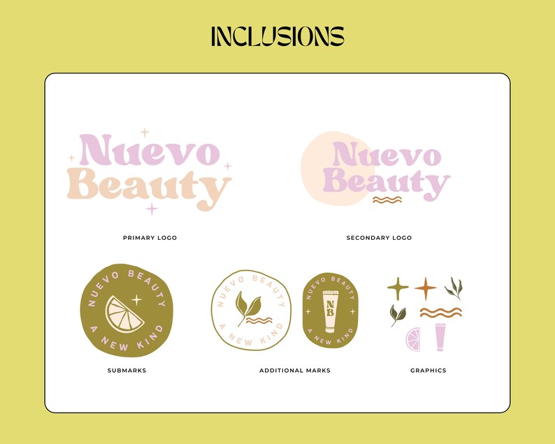 May include: A graphic design branding guide for a beauty company called "Nuevo Beauty". The guide includes a primary logo, secondary logo, submarks, additional marks, and graphics. The primary logo is a pink and peach stylized text logo with the words "Nuevo Beauty". The secondary logo is a pink and peach stylized text logo with the words "Nuevo Beauty" inside a circle. The submarks are circular logos with the words "Nuevo Beauty" and the text "A New Kind". The additional marks are circular logos with the words "Nuevo Beauty" and the text "A New Kind". The graphics include a lemon, a leaf, a wave, a star, a tube of cream, and a tube of lipstick.