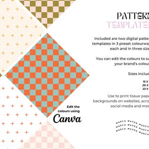 Puede incluir: Plantillas de patrones digitales con dise&ntilde;os geom&eacute;tricos en naranja, verde azulado y dorado. El texto dice "PATTERN TEMPLATES" e incluye opciones de tama&ntilde;o de 38 x 25 cm, 51 x 38 cm y 58 x 43 cm. Edita los colores con Canva.