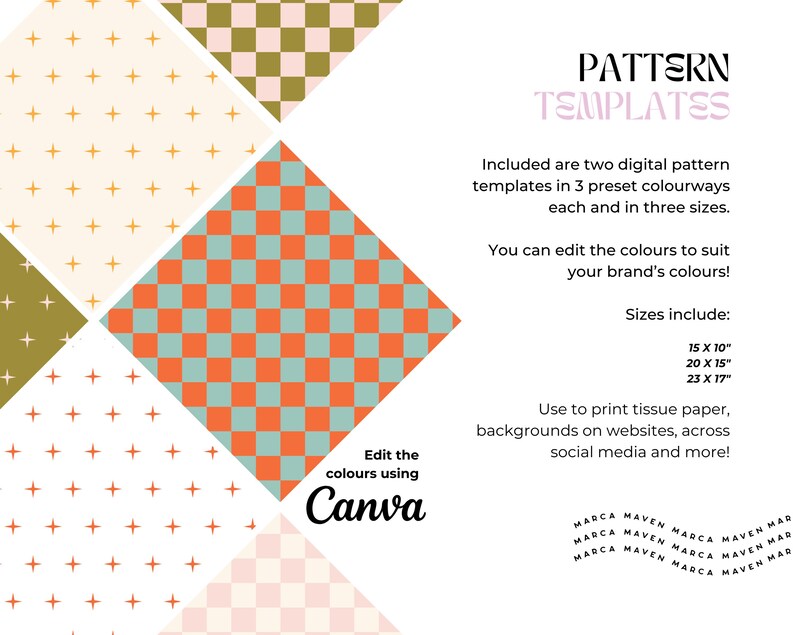Puede incluir: Plantillas de patrones digitales con dise&ntilde;os geom&eacute;tricos en naranja, verde azulado y dorado. El texto dice "PATTERN TEMPLATES" e incluye opciones de tama&ntilde;o de 38 x 25 cm, 51 x 38 cm y 58 x 43 cm. Edita los colores con Canva.