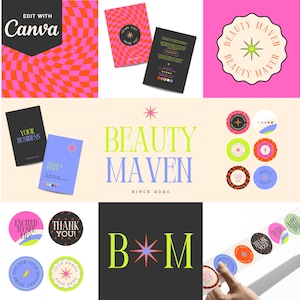 Spaß, helles Retro Canva Logo Kit - Western Logo - Instagram Highlights - Danke Aufkleber - Visitenkarte - DIY bearbeitbar - Danke Karte