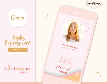 Bright and Colorful Digital Business Card - Editable Canva Template - Modern Branding - Bright Pink, Green and Gold  - Contact Card - DIY