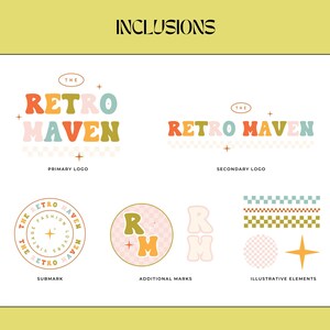Puede incluir: Dise&ntilde;o gr&aacute;fico para la marca "Retro Maven". El logotipo principal es de color naranja, rojo, verde y rosa. La imagen incluye una submarca, marcas adicionales y elementos ilustrativos como estrellas y patrones de tablero de ajedrez.