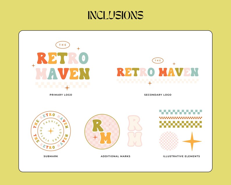 Puede incluir: Dise&ntilde;o gr&aacute;fico para la marca "Retro Maven". El logotipo principal es de color naranja, rojo, verde y rosa. La imagen incluye una submarca, marcas adicionales y elementos ilustrativos como estrellas y patrones de tablero de ajedrez.