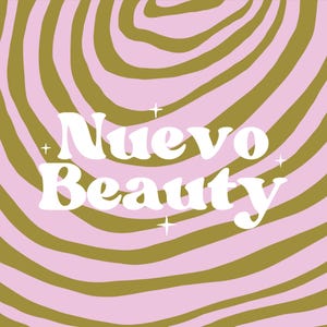 May include: A pink and gold abstract background with the text "Nuevo Beauty" in white.