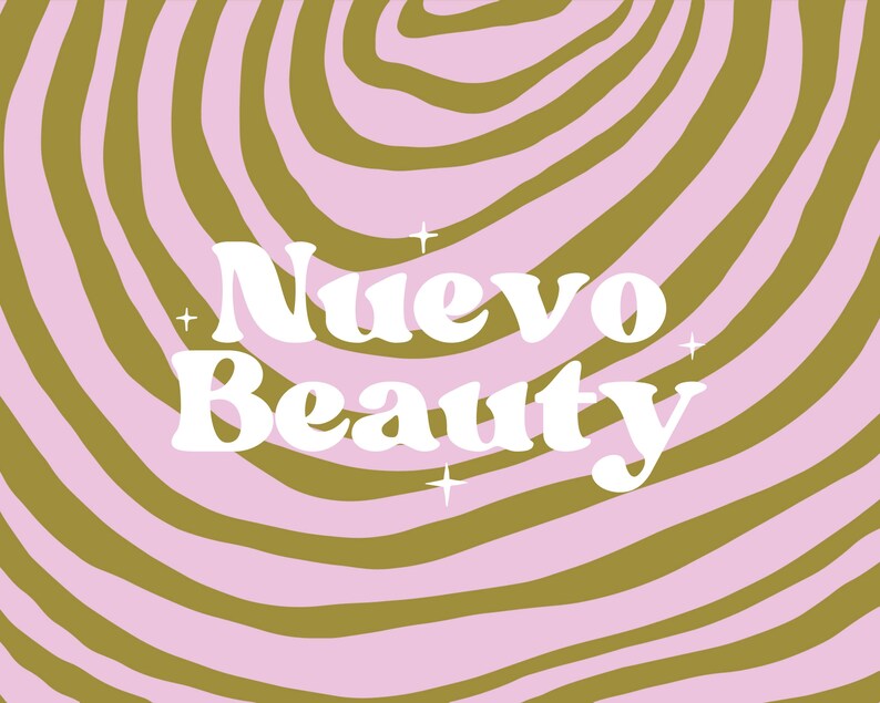 May include: A pink and gold abstract background with the text "Nuevo Beauty" in white.