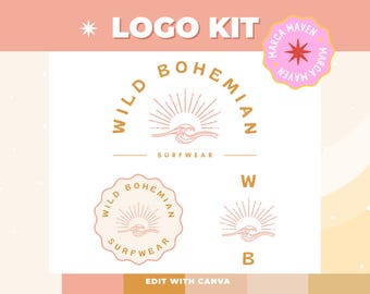 Retro Beach Logo: Boho Sunburst Branding Kit (Canva)
