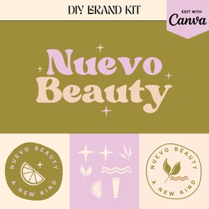 May include: A brand kit for a beauty company called "Nuevo Beauty". The logo features the company name in a retro font with pink and peach colors on a green background. The kit includes three different logo variations with a lemon, leaves, and a wave.