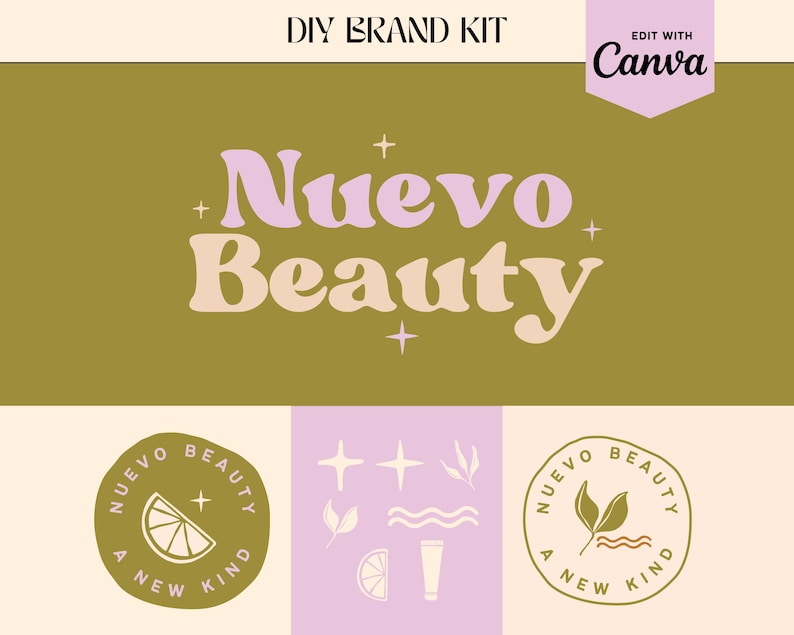 May include: A brand kit for a beauty company called "Nuevo Beauty". The logo features the company name in a retro font with pink and peach colors on a green background. The kit includes three different logo variations with a lemon, leaves, and a wave.