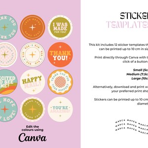 Puede incluir: Un conjunto de 12 plantillas de pegatinas circulares en varios colores, incluyendo turquesa, naranja y crema. Cada pegatina presenta texto como "Thank You" y "Happy Mail!". El texto "Sticker Templates" est&aacute; en la parte superior y "Edit the colours using Canva" en la inferior.