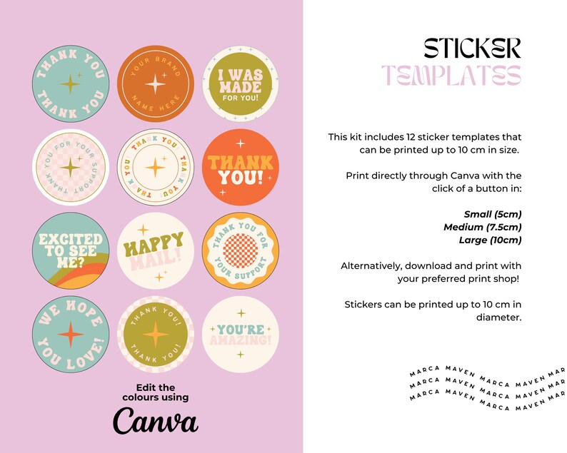 Puede incluir: Un conjunto de 12 plantillas de pegatinas circulares en varios colores, incluyendo turquesa, naranja y crema. Cada pegatina presenta texto como "Thank You" y "Happy Mail!". El texto "Sticker Templates" est&aacute; en la parte superior y "Edit the colours using Canva" en la inferior.