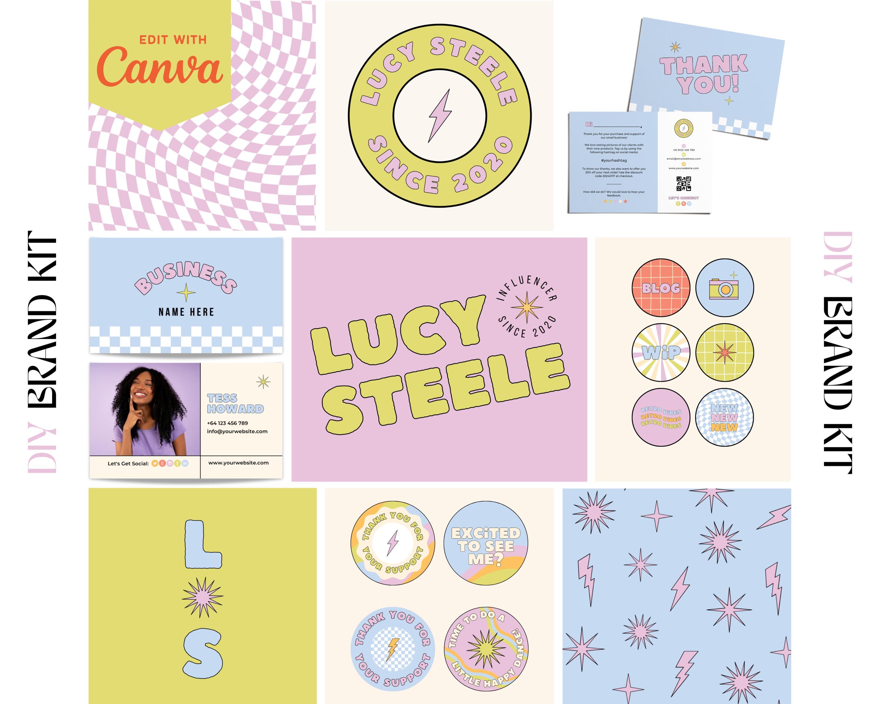 Bright, Retro Canva Brand Kit - Star Logo - Brand Stickers - Branded Tissue Paper - Business Card - DIY - Thank You Card - Insta Highlights