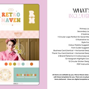 Puede incluir: Una plantilla de dise&ntilde;o digital con un tema retro, con el texto "The Retro Maven" en fuentes coloridas y divertidas. El dise&ntilde;o incluye una paleta de colores, logotipos, iconos y plantillas de tarjetas de visita. Tambi&eacute;n aparece una mujer con un atuendo rosa.