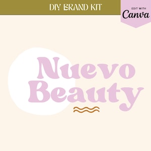 May include: A pink circle with the text "Nuevo Beauty" in a retro font style. The text is in a white circle with a brown wavy line underneath.