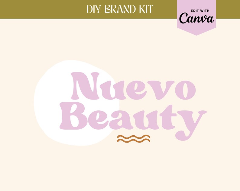 May include: A pink circle with the text "Nuevo Beauty" in a retro font style. The text is in a white circle with a brown wavy line underneath.
