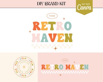 May include: A DIY brand kit with a retro-inspired logo featuring the text "The Retro Maven" in colorful, rounded letters. The logo is surrounded by a checkered pattern and stars. The kit also includes a circular logo with the text "The Retro Maven Vintage Fashion Lovers" in a gold outline.