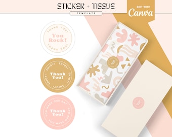 May include: Three round stickers with the text "Thank You!" in different colors and fonts. The stickers are on a white background. There is also a tissue paper box with a white background and a colorful abstract pattern. The tissue paper box is on a pink and gold background.