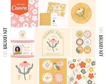 Fun, Bright, Floral Canva Brand Kit - Flower Logo - Instagram Highlights - Thank You Sticker - Business Card - DIY Editable - Thank You Card