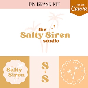 以下が含まれることがあります： 温かみのある色使いで「The Salty Siren studio」の文字が入ったDIYブランドキットのデザイン。ヤシの木のイラストと「Edit with Canva」の文字が入ったロゴバリエーションが含まれています。