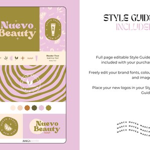 May include: A pink and green style guide with the text "Nuevo Beauty" in a retro font. The guide includes a logo, color palette, and typography examples. The text "STYLE GUIDE INCLUDED" is in all caps.
