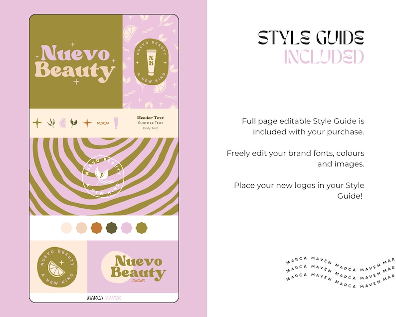 May include: A pink and green style guide with the text "Nuevo Beauty" in a retro font. The guide includes a logo, color palette, and typography examples. The text "STYLE GUIDE INCLUDED" is in all caps.