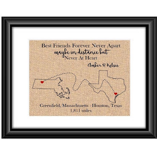 Personalized Best Friends forever never apart may in distance but never in heart, Best Friends Valentine Gift, Long Distance Moving FRAMED