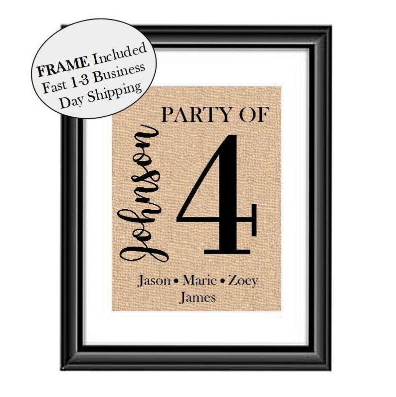 Personalized Party of 4 Sign, Party of Family Sign, Family Number Sign, Pregnancy Announcement, Anniversary Engagement Valentine Gift FRAMED image 1