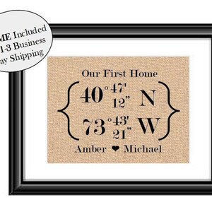 Our first home burlap print, Longitude and latitude, First Home, Couples first home,  Housewarming gift, New Home gift, Wedding FRAMED