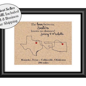 Personalized Love Between Sisters Knows No Distance, Sibling Valentines Gift, Custom State Long Distance State to State Sister in Law FRAMED