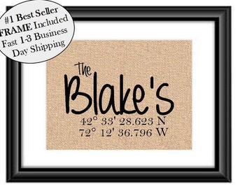 Personalized Family Name Coordinates Sign, Burlap Print, Framed