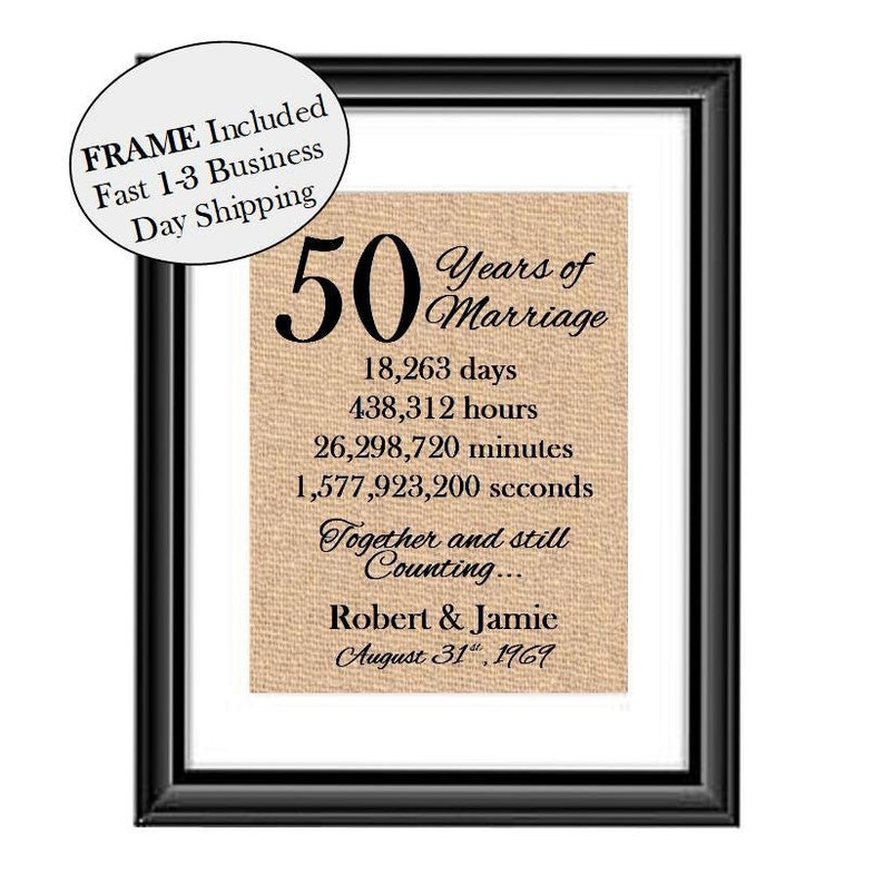 May include: A framed print on hessian fabric with the text "50 Years of Marriage" and the date "August 31, 1969". The print also includes the number of days, hours, minutes, and seconds in 50 years.