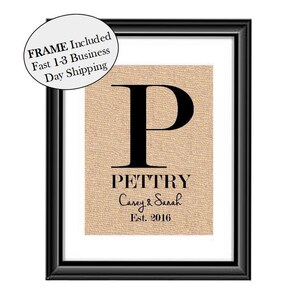 Monogrammed Burlap, Family Letter, Wedding Gift, Wedding gift for Couple, Family Last Name, Personalized Letter, Couples last name FRAMED