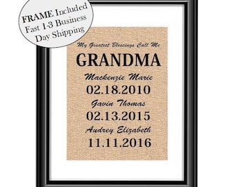 Personalized My Greatest Blessings Call Me Grandma Burlap Cotton Print, Mothers Gift  Birthday Gift For Grandma, Grandmother Gifts FRAMED