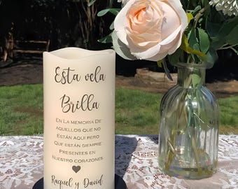 Personalized Memorial LED Timer Candle Sign - Custom Wedding Remembrance Display - Spanish or Any Language Names