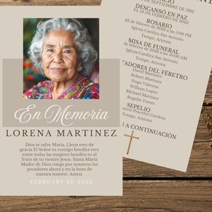 Puede incluir: Un programa funerario para Lorena Martinez con el retrato de una persona mayor de cabello gris, el texto En Memoria y detalles del servicio. La tarjeta incluye una oración en español, un icono de cruz y fechas de febrero de 2022.