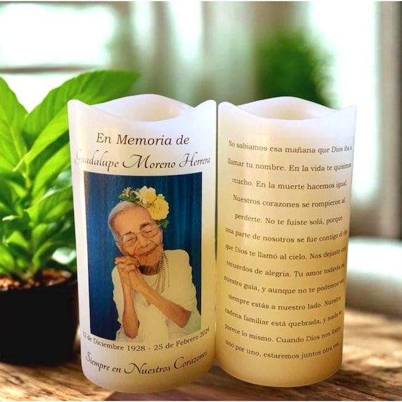 Spanish Two sided Personalized Memorial Candle with Photo & Poem - LED Flameless Keepsake