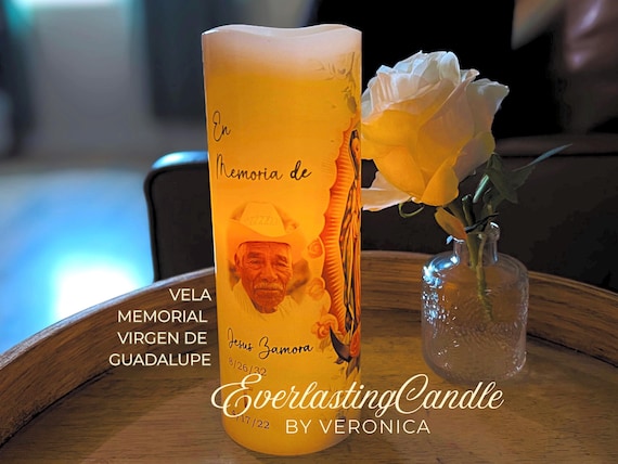 Personalized Virgen de Guadalupe memorial candle with photo, name, dates | Catholic funeral, remembrance, veladora, bilingual tribute