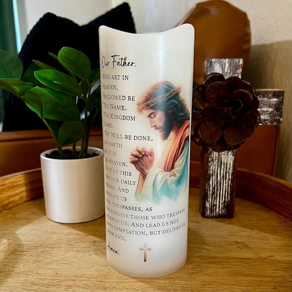 Our Father Prayer Candle | Jesus Wax LED Candle with Timer | Catholic Religious Decor Gift