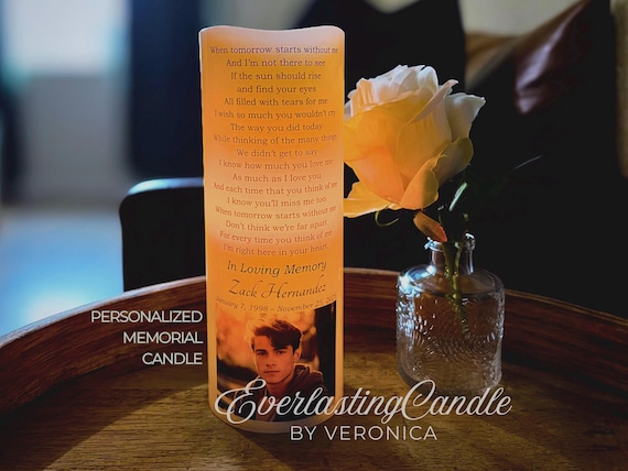 Personalized Memorial Candle with Photo, Name, Dates, and Quote | Flameless LED Wax Keepsake for Sympathy, In Loving Memory, Funeral Gift