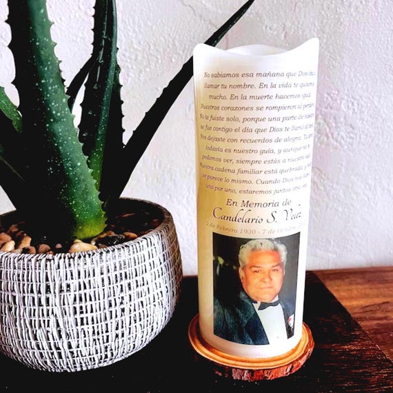 Spanish Memorial Candle Personalized with Poem Name Dates Photo includes timer