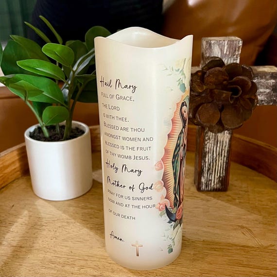 Hail Mary Prayer Candle | Catholic Wax LED Candle with Timer | Virgin Mary Religious Decor Gift | Christian Faith Home Altar
