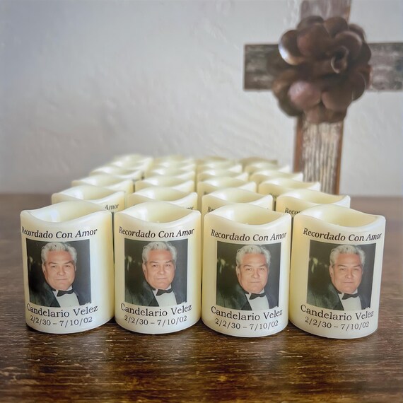 24 Personalized Spanish Memorial Candle Favors: Funeral Remembrance Keepsakes | Bulk Set