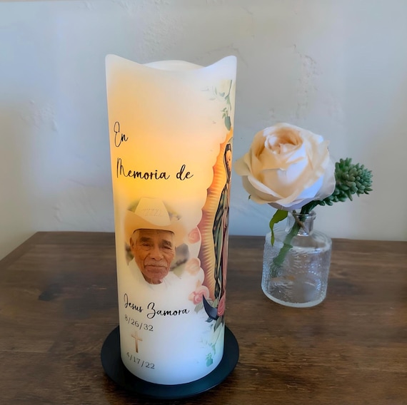 Personalized Virgen de Guadalupe Candle | Veladora Conmemorativa en Español | Funeral Keepsake