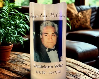 Custom Spanish Memorial Candle: Personalized with Photo includes Timer and batteries